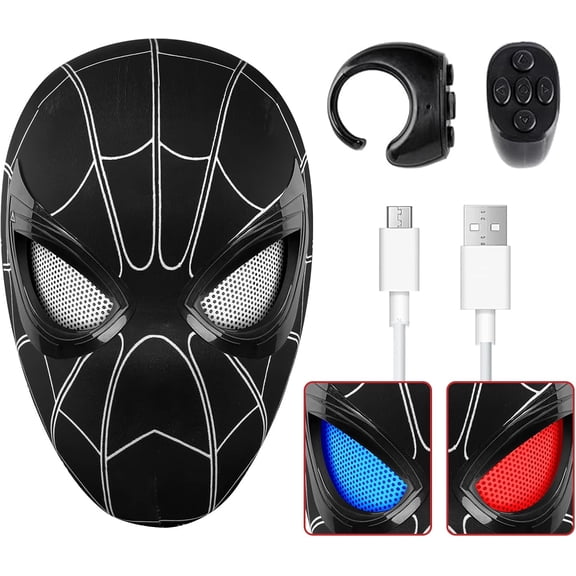 Spider Hero Mask with Moving Eyes and LED Lights, Ring Remote, Halloween Roleplay Mask Costume for T'eens and Men, Realistic Full Face Cosplay Prop for Christma & Birthday Parties