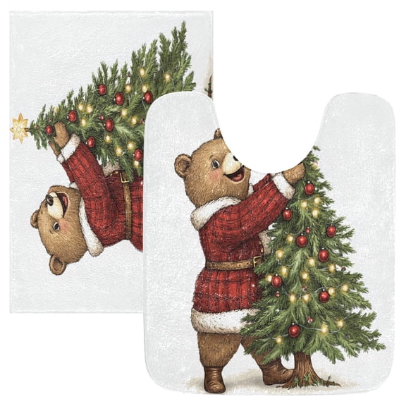2 Piece Soft Bathroom Rug Set Bear and Christmas Tree Bath Mat and U-Shaped Toilet Contour Rug (16"x24" 20"x24")