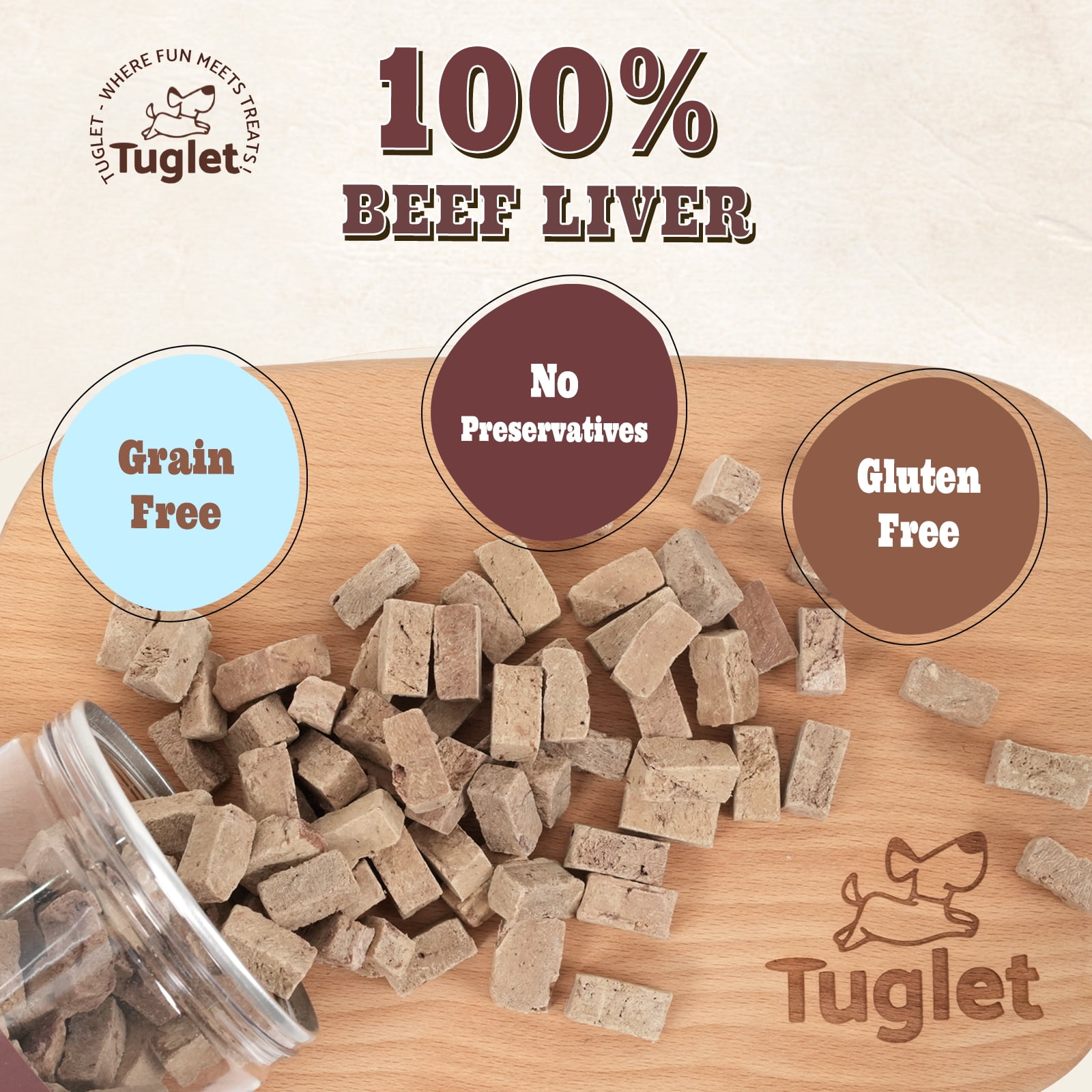(3 pack) TUGLET Freeze-Dried Beef Liver Dog Treats, High Protein Single Ingredient, Healthy Training Reward & Food Topper, 4.6 oz