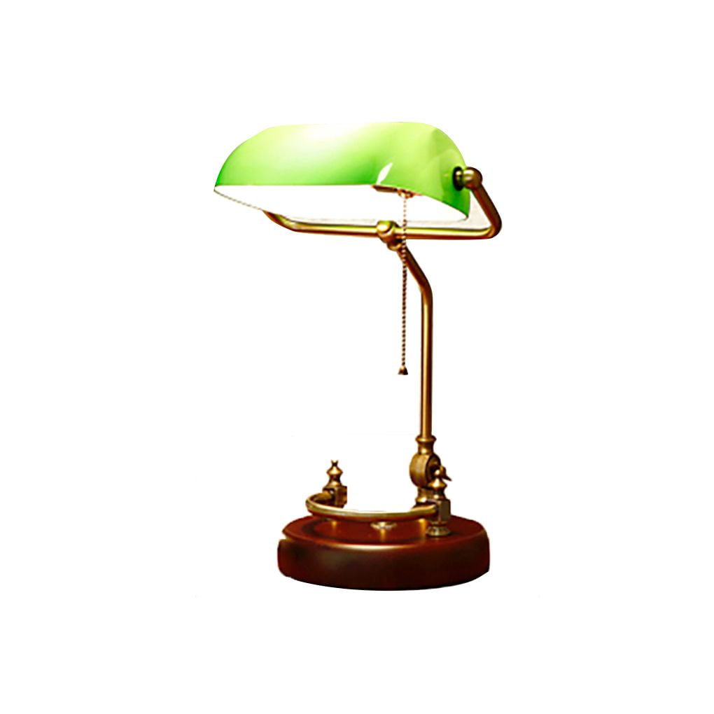 Wooden Green Glass Table Pull Chain Switch Lamp Bedroom Bedside Living