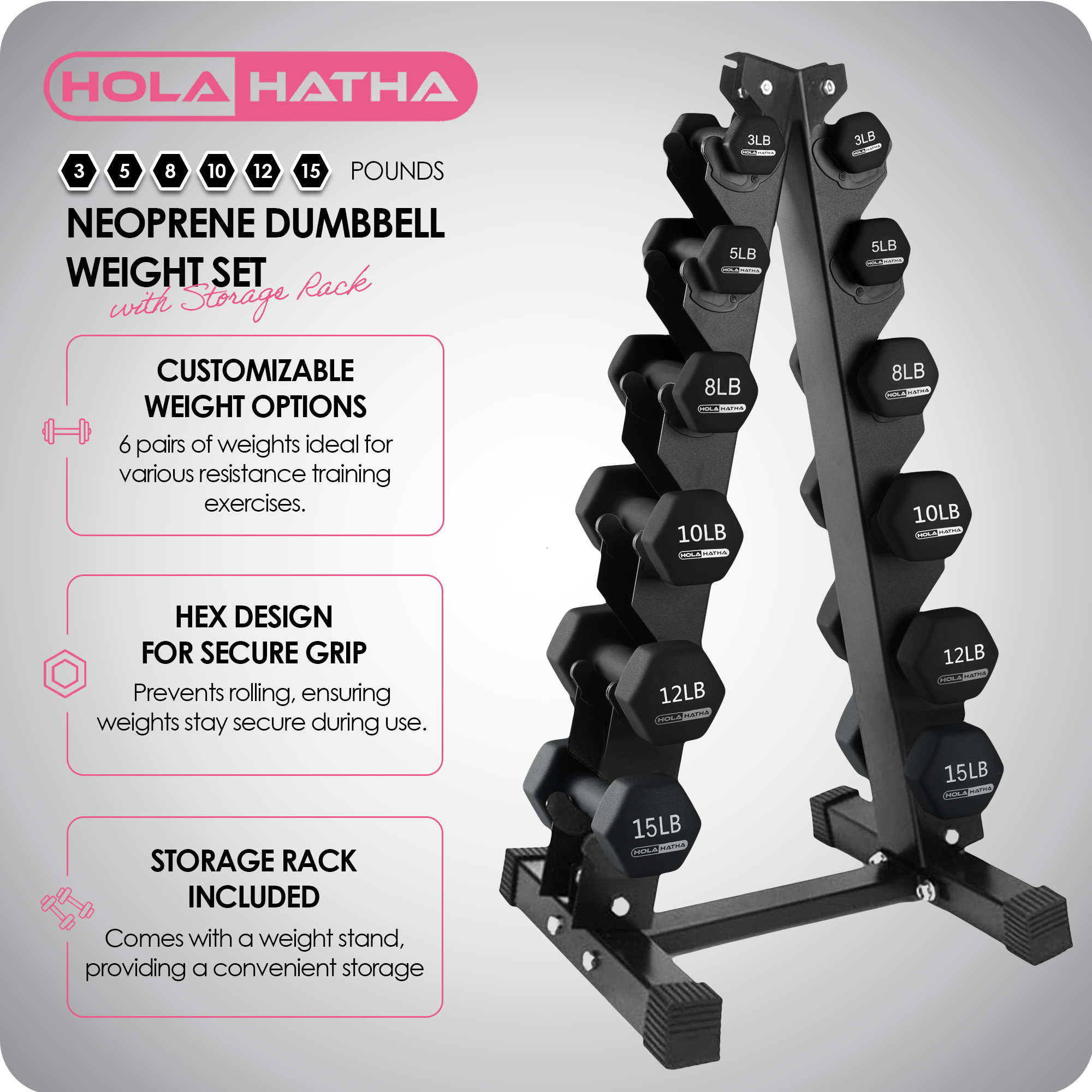 HolaHatha Neoprene Dumbbell Weight Set with Rack (Black), 112.5 lb