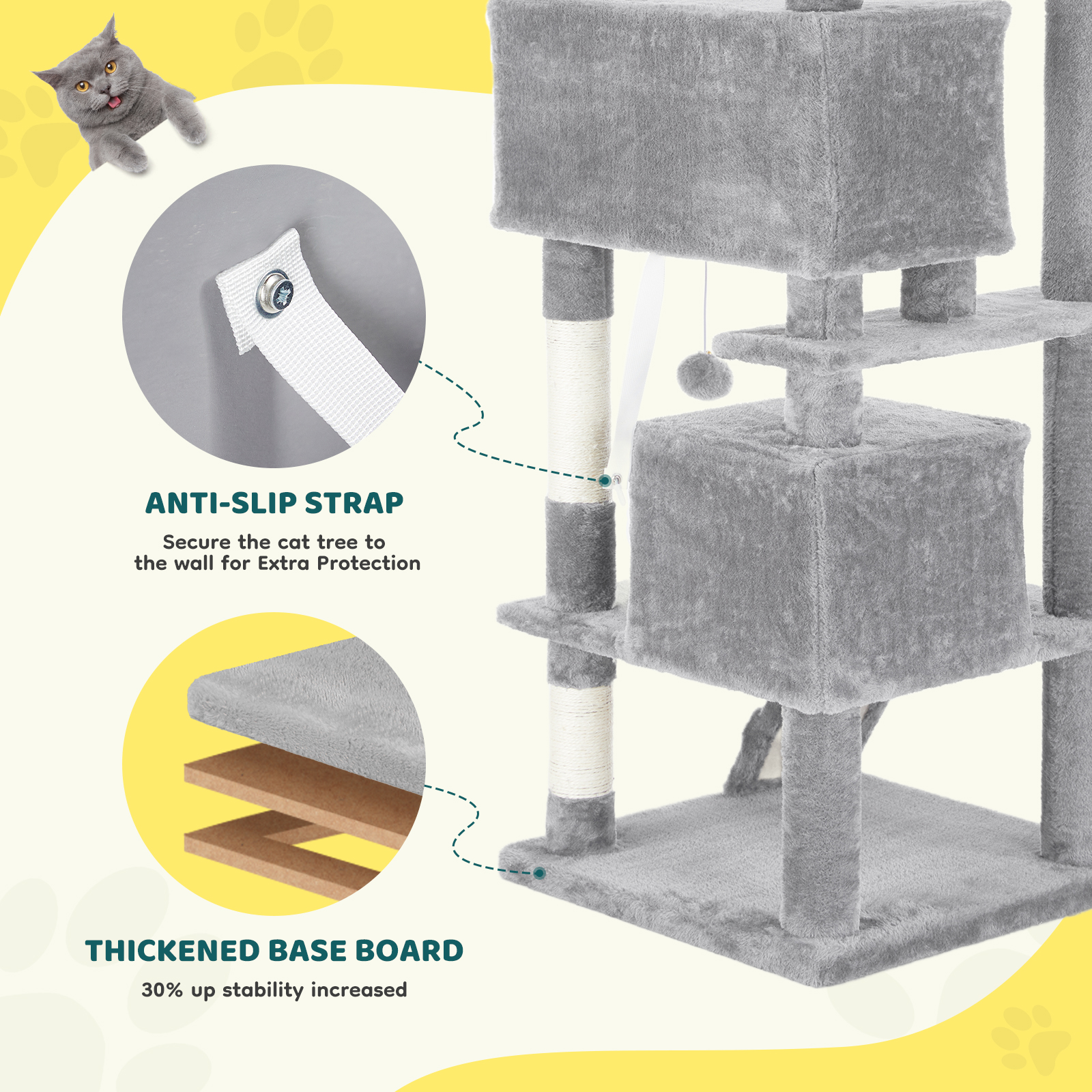 MCQ 54" Cat Tree Tower Multi-level with Scratching Post, Large Condo for Indoor, Light Gray