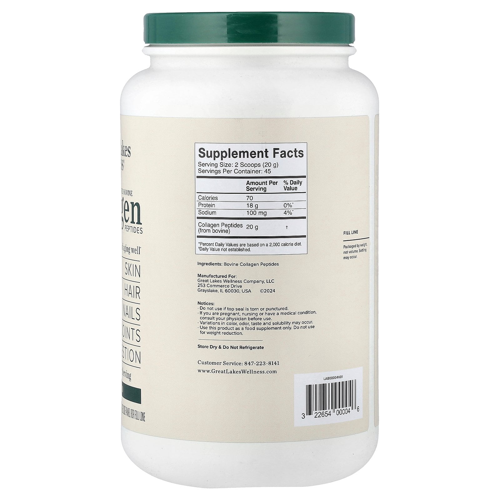 Great Lakes Wellness Grass-Fed Bovine Collagen Peptides, Unflavored, 32 oz (907 g)