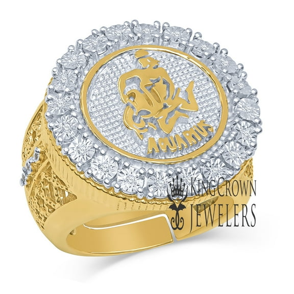 Mens Real Genuine Diamonds Aquarius Water Zodiac Sign Astrology Horoscope Ring 10K Gold Finish Pinky Band