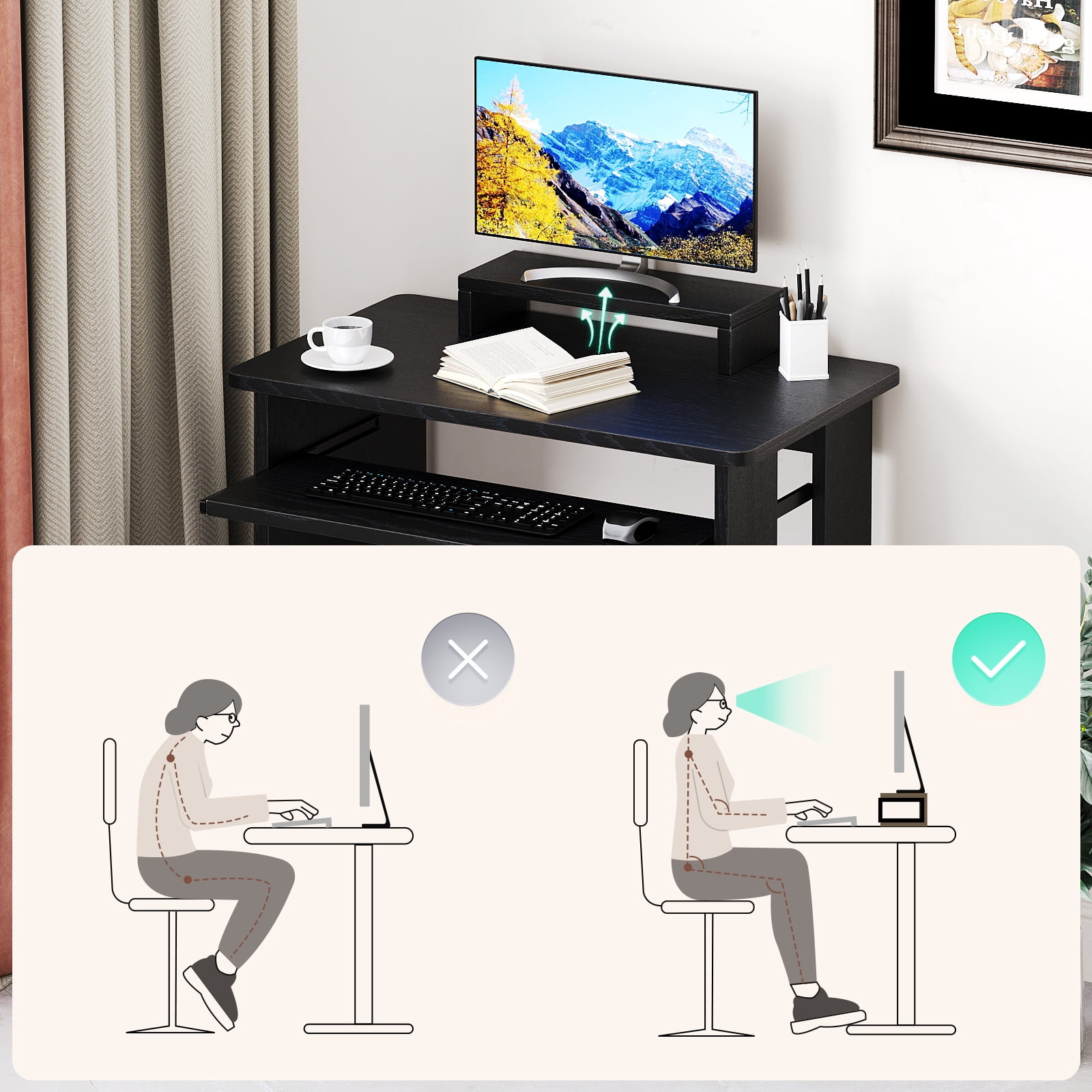 ALISENED Computer Desk with Monitor Stand Keyboard Tray, 29.5 inch Sturdy Desk with Storage Shelves For Office,Living Room,Study