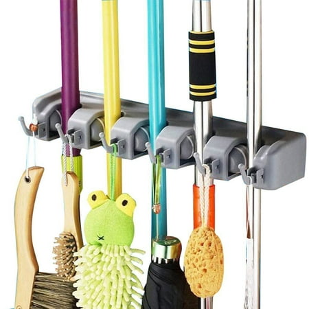 DayBuy Mop and Broom Holder Wall Closet Mounted with 5 Position and 6 Hooks Organizer Rakes Automatic Handle Grips Household Tool and Garage Storage Organization