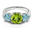 thumbnail image 2 of Gem Stone King 925 Sterling Silver Green Peridot and Blue Zircon 3 Stone Engagement Ring for Women (4.23 Cttw, Gemstone August Birthstone, Cushion Checkerboard 8MM, Size 7), 2 of 5