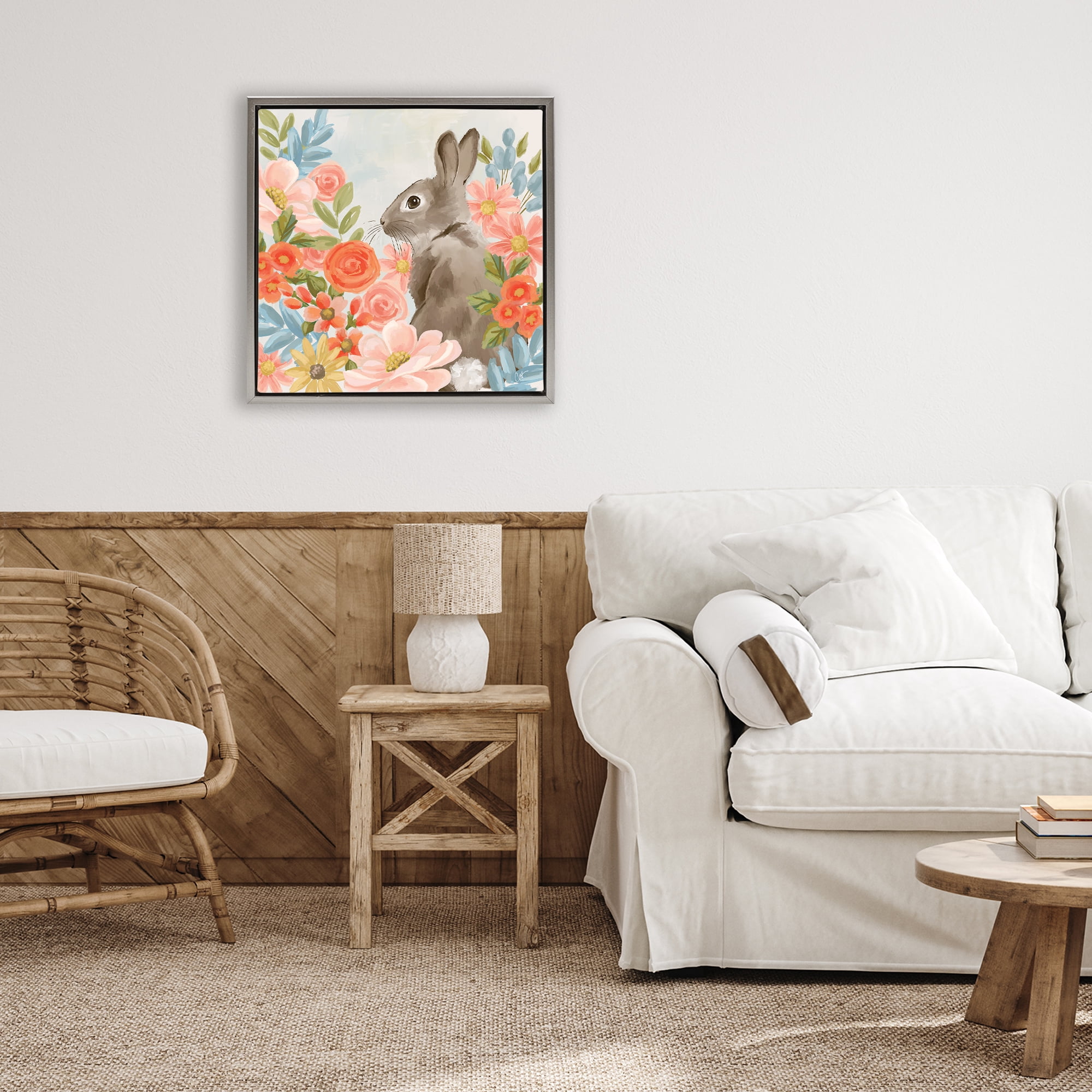 Stupell Industries Bunny In The Blooms Gray Framed Floater Canvas Wall Art, design by Cat Thurman Designs