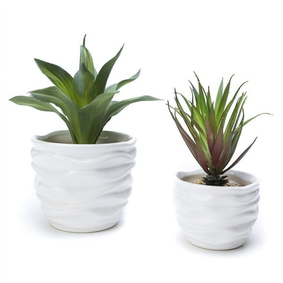 K-Cliffs 2pc White Modern Wave Texture Ceramic Pots.