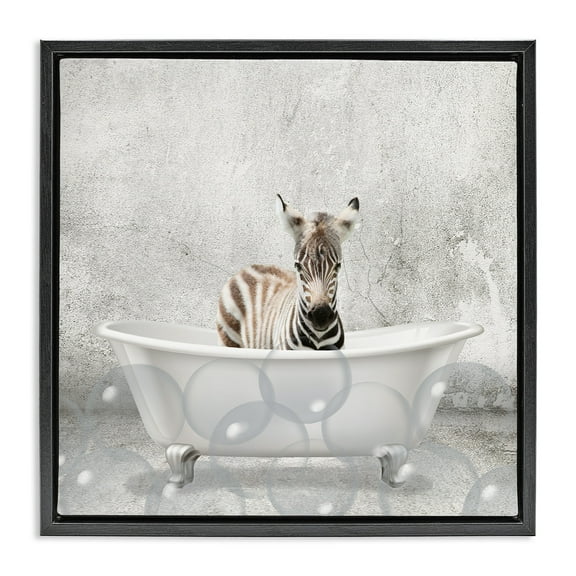 Stupell Industries Baby Zebra Bath Time Animals & Insects Painting Black Floater Framed Canvas Art Print Wall Art, 18 x 18