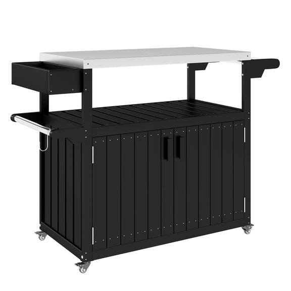 Outdoor Bar Cart with Storage, Stainless Steel Top, Wheeled Kitchen Island for Patio, Black