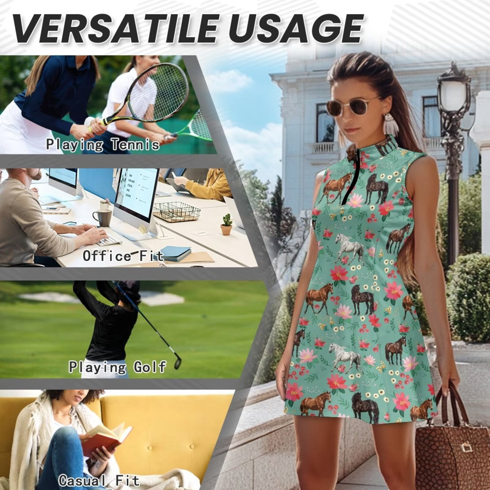 Yuyamidu Wild Horse Womens Tennis Golf Dresses Size M Comfortable Workout Athletic Dresses Sleeveless Workout Golf Dress with Built in Shorts and Pockets Sports Activewear Dress