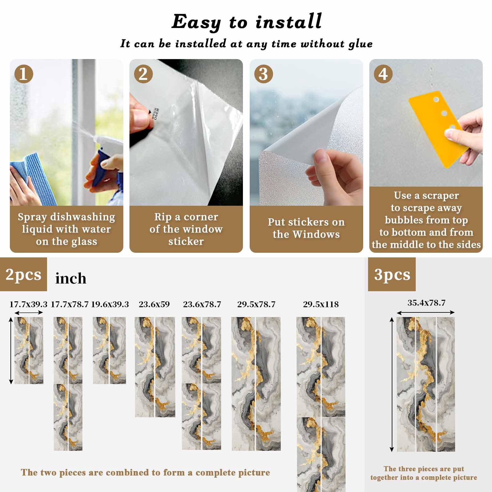 Non-Adhesive Static Cling Window Tint, Grey Ombre Marble Window Privacy Film Frosted, Golden Gray Marble Crack Abstract Art Insulated Windows Frosted Films for Living room, 35.4 x 78.7 Inches