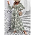thumbnail image 4 of Women Floral Print V Neck A-Line Maxi Dress Long Sleeves Casual Wrap Autumn Beach Swing Green XL, 4 of 9