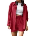 thumbnail image 2 of 2 Piece Linen Sets for Women Long Sleeve Button Up Collared Shirt and Drawstring Shorts Outfits Fall Spring Loungewear,Red,S, 2 of 4