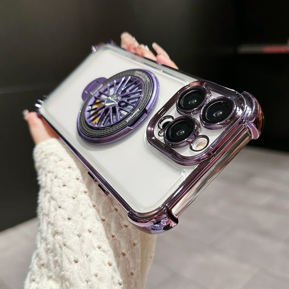 for iPhone 16 Pro Plating Case with Rotating Gyroscope Magnetic Ring Stand Full Camera Lens Protection Compatible with MagSafe Clear Back Phone Cover for iPhone 16 Pro, Darkpurple