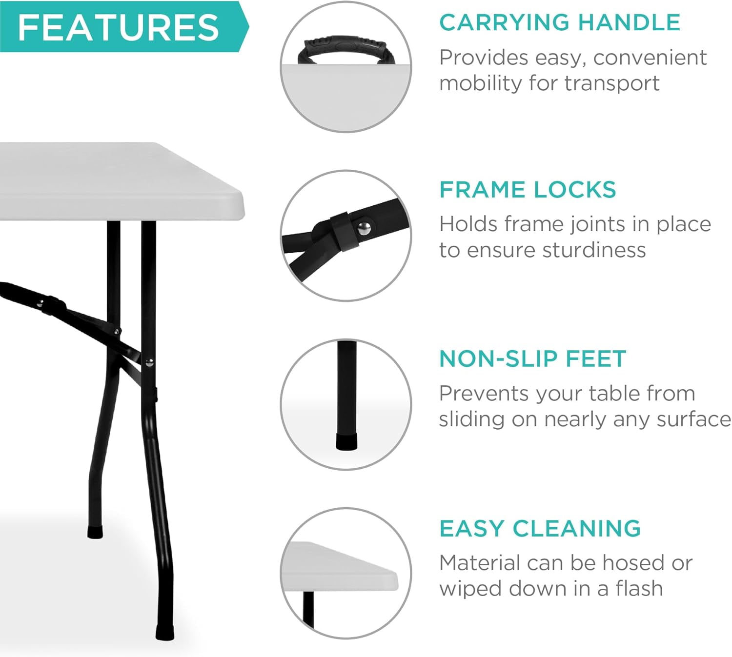 8 Feet Foldable Table, Portable Plastic Desk with Built in Handle, Steel Legs | Perfect for Party, Dining, Wedding, Events, Picnic Indoor, Outdoor, Camping, Utility, Folding