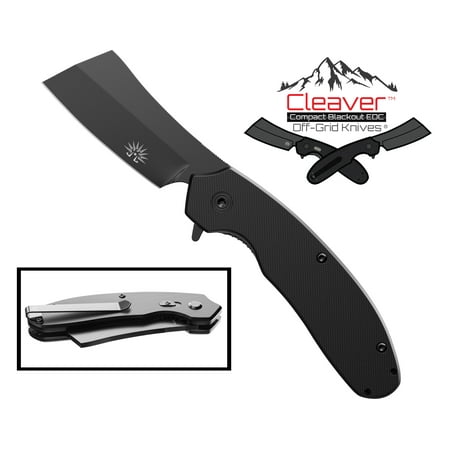 Off-Grid Knives - OG-950XB Cleaver Compact Blackout Edition - Assisted EDC Folding Knife with Safety Grid-Lock, Cryo Tini Coated AUS8 Blade, G10 & Tip-Up Reversable Deep Pocket (Best Compact Edc Knife)