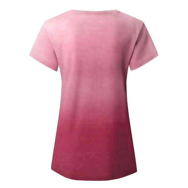 Minnieouse Camiseta degradada para mujer, ropa de calle elegante multicolor con cuello en V, fibra de verano, manga corta, para correr, playa, Prendas para la parte del cuerpo Rosado XXXL