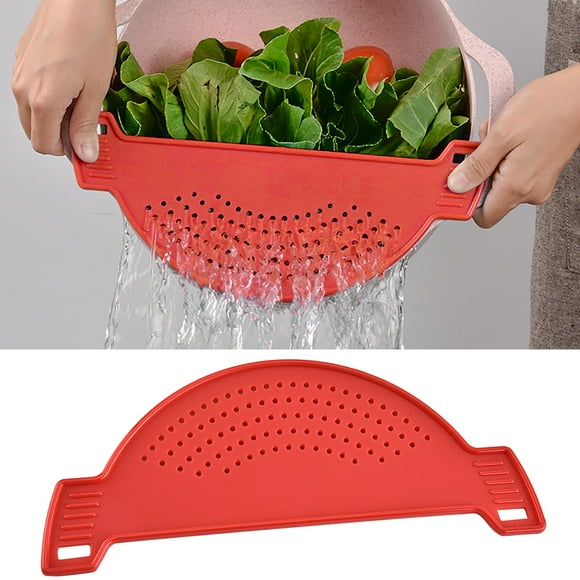 1PC Sink Drain Filter Cover Plastic Drainer Strainers Pot Funnel Half Moon Shape Food Filter Board Sieve Draining With Handle Heat Fit For Pasta Vegetable Fruit Colander Kitchen Gadgets Red