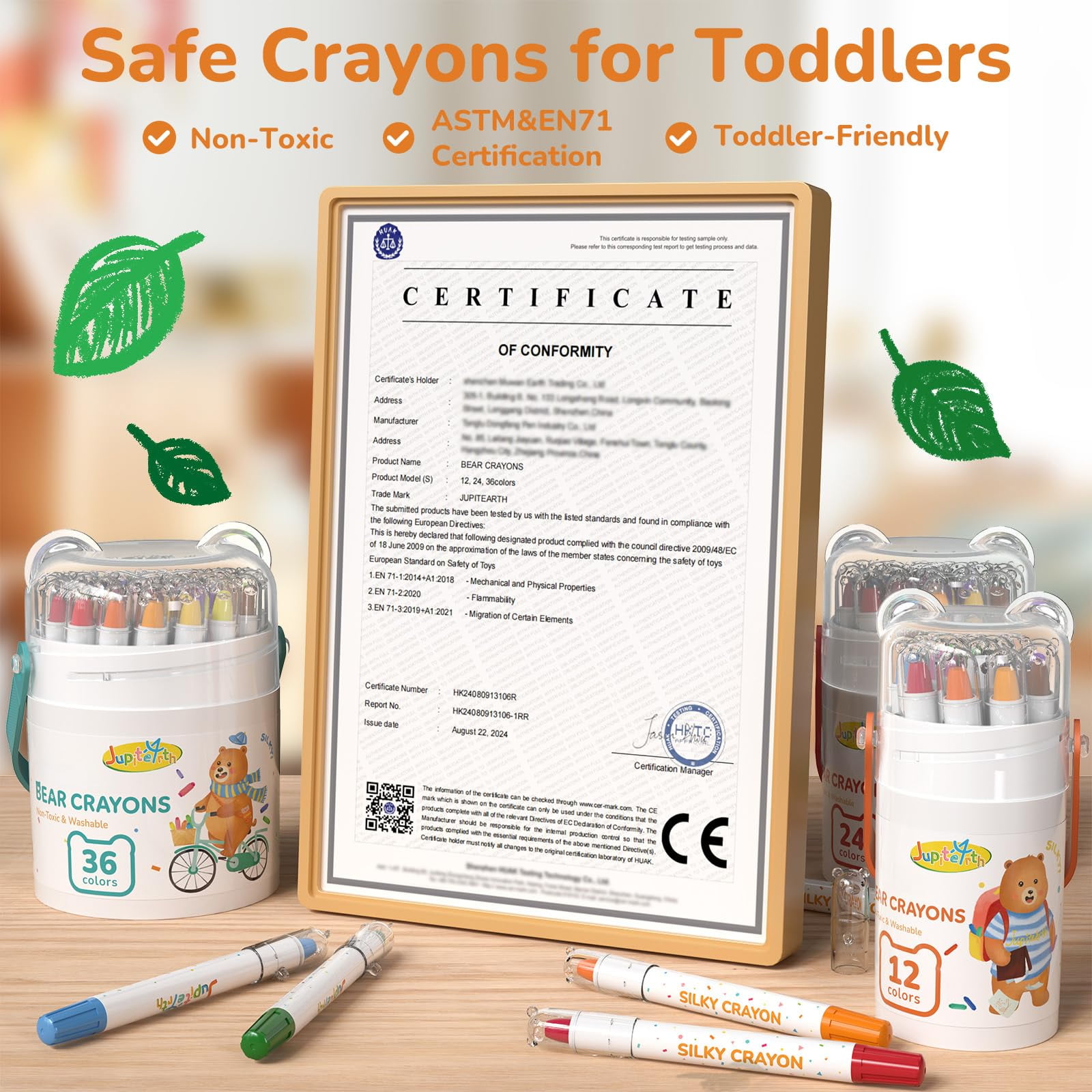 YPLUS Lot De Crayons De Cacahuète Pour Enfants, Trousse D'art Avec 24 Crayons De Couleur Et Rouleaux De Papier Autocollant Mural, Fournitures De Coloriage Non Toxiques Pour Tout-petits