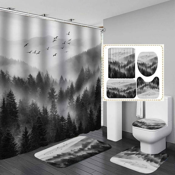 4PCS Green Misty Forest Shower Curtain Sets with Rugs, Mountain Shower Curtain, Waterproof Fabric Shower Curtain, Woodland Pine Tree Nature Scenery Landscape Country Rustic Bathroom Decor