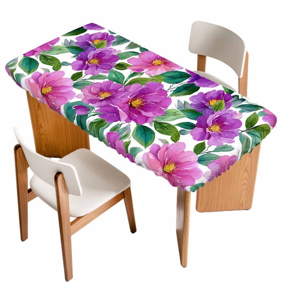 Purple Flowers Table Cloths for 6 Foot Rectangle Tables, Spring Floral Leaves Botanical Watercolor Patio Waterproof Elastic Fitted Tablecloths, Washable Rectangular Table Cover for Camping