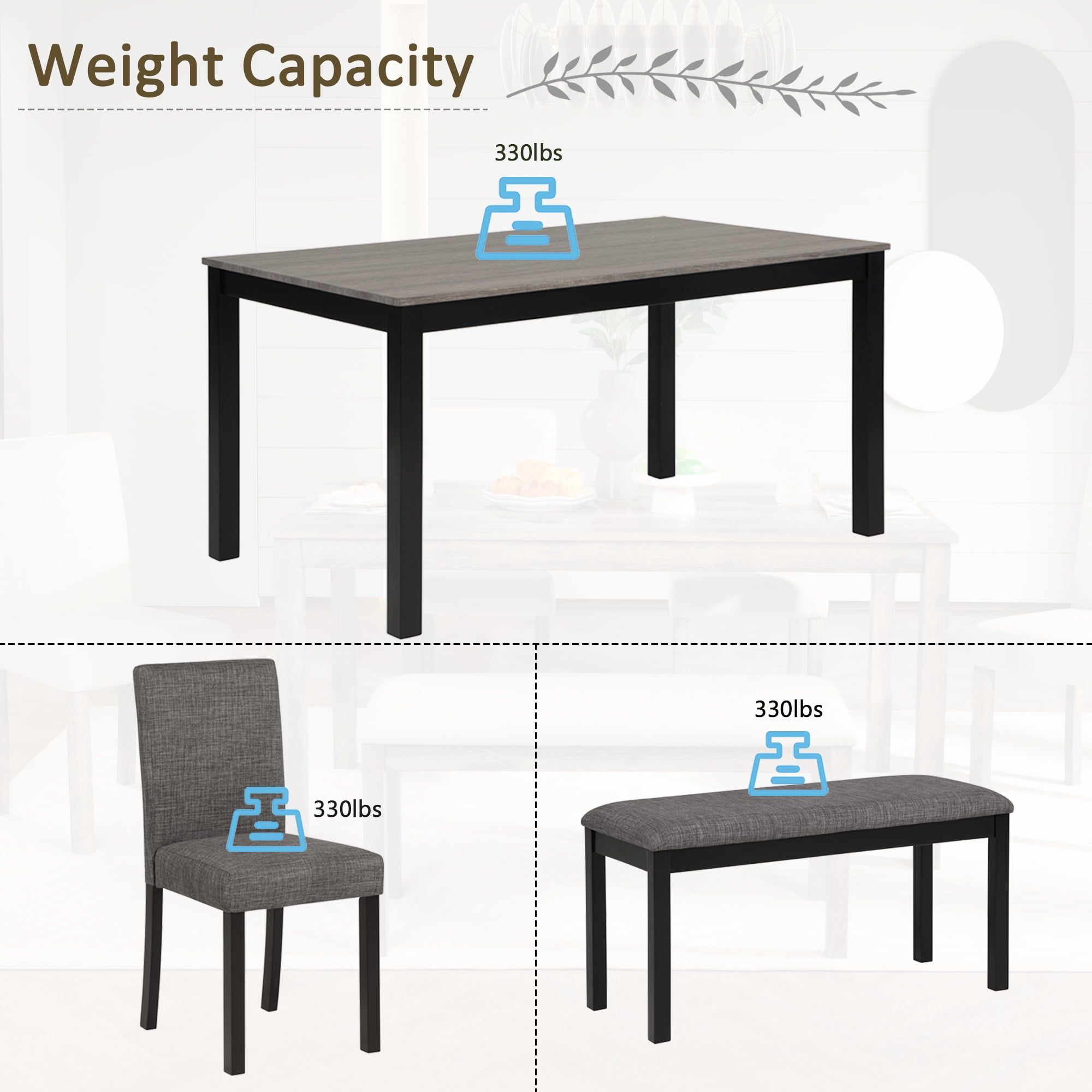 Leumius 6 Pieces Dining Table Set,Wood Dining Table Set with Wooden Dining Table,4 Upholstered Chairs and a Bench,Kitchen Dining Set for 6,Wooden Dining Furniture Sets for Kitchen, Dining Room