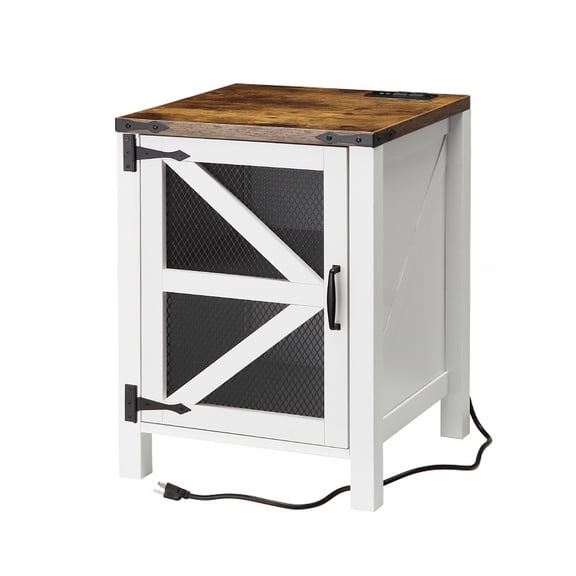 18" Farmhouse Nightstand with Charging Station – Wood Side Table, USB Ports, Adjustable Shelf, Mesh Barn Door – Bedroom Living Room Office
