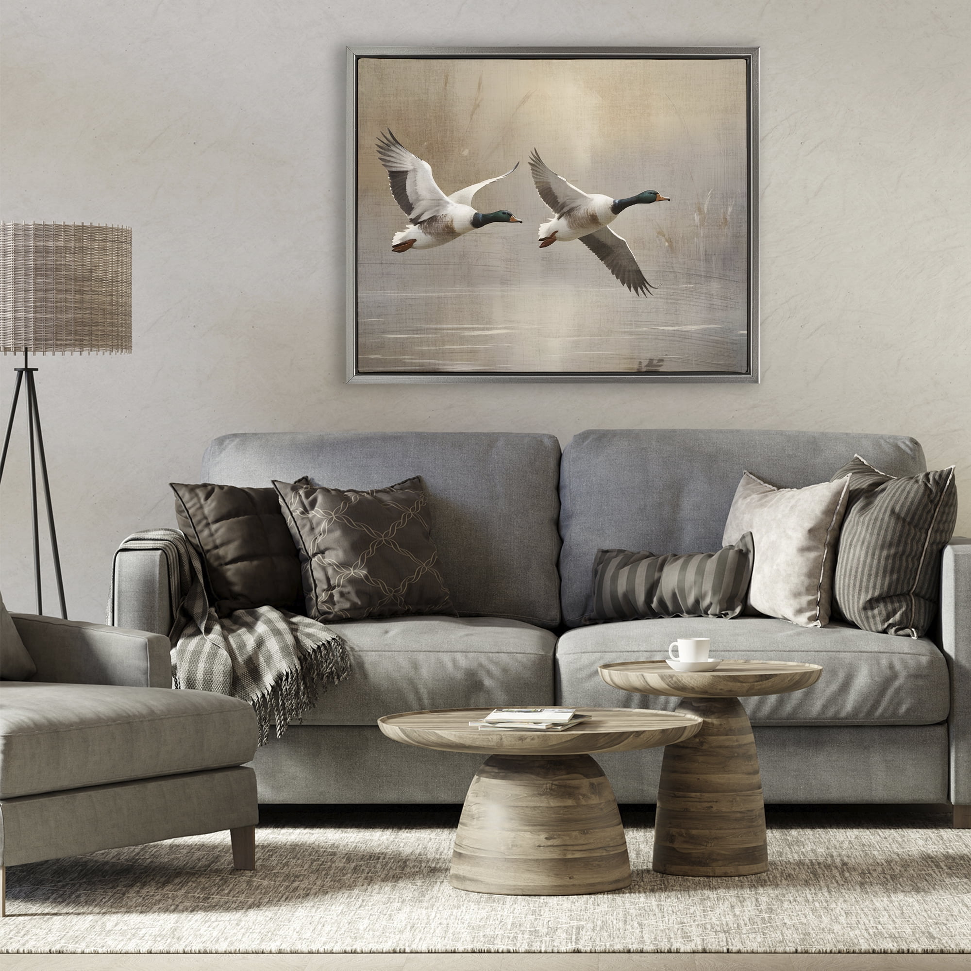 Stupell Industries Mallard Ducks over Pond Gray Framed Floater Canvas Wall Art, design by Susan Arnot
