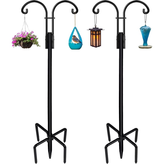topjuju 2 Pack Adjustable Shepherds Hook for Outdoor with 5 Prong Base, 76 Inch Heavy Duty Two Sided Bird Feeder Pole for Hanging Bird Feeders, Plant Baskets, Solar Light Lanterns, Wind Chimes