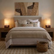 Brightech Maxwell Bedside Lamp Set with USB Port – Compact Table Lamp for Bedroom, Living Room - Modern Asian Nightstand Lamp with Wood Frame - LED Bulb, Soft Light - Brown