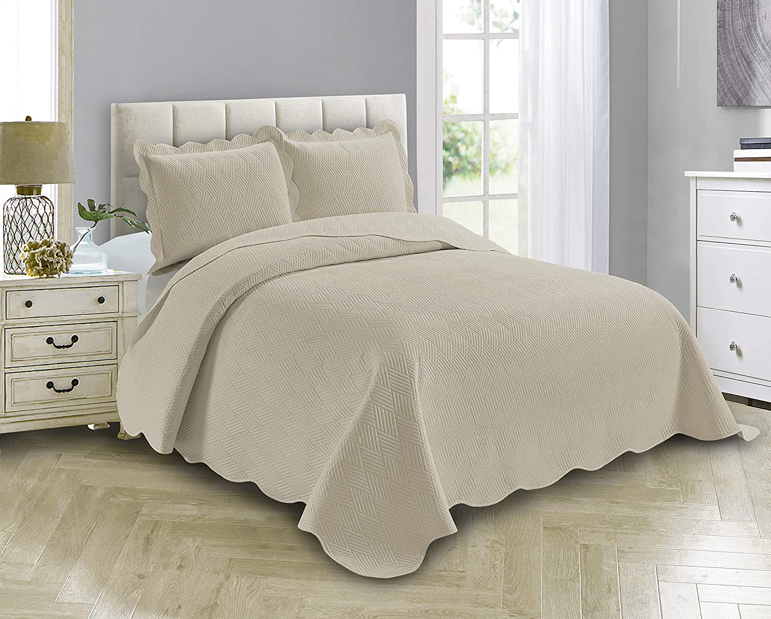 Luxury Oversized Coverlet Embossed Bedspread Set Solid Beige King
