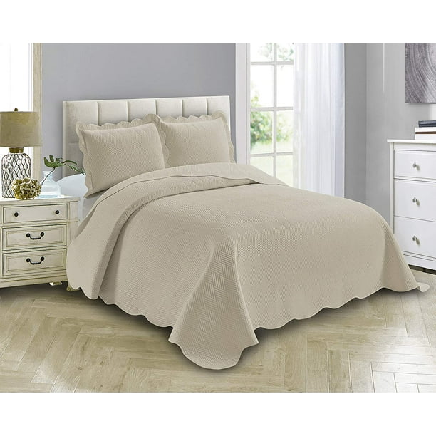 Luxury Oversized Coverlet Embossed Bedspread Set Solid Beige King