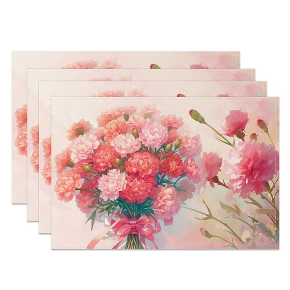 SUNOLIFE Pink Floral Placemats Set of 4,Carnation Flowers Table Mats for Dining Table Decorations 12x18 inch