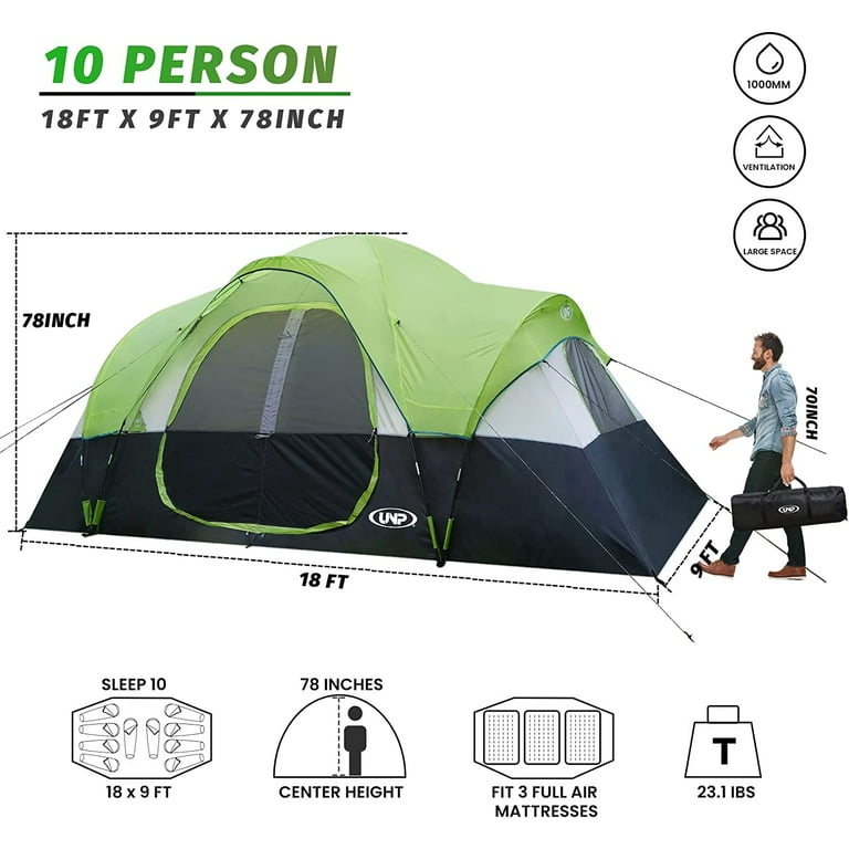 UNP Camping Tent 10-Person-Family Tents, Parties, Music Festival Tent, Big,  Easy Up, 5 Large Mesh Windows, Double Layer, 2 Room, Waterproof, Weather  Resistant, 18ft x 9ft x78in : : Sports & Outdoors