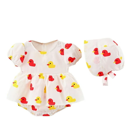 

TAIAOJING Outfits For Girls Baby Boys Puff Sleeve Cartoon Romper Hat Cap Outfits Girl Clothing
