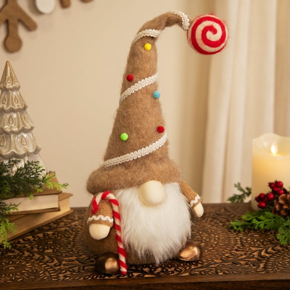 Gingerbread and Candy Gnome Christmas Decoration - 17" - Beige and White