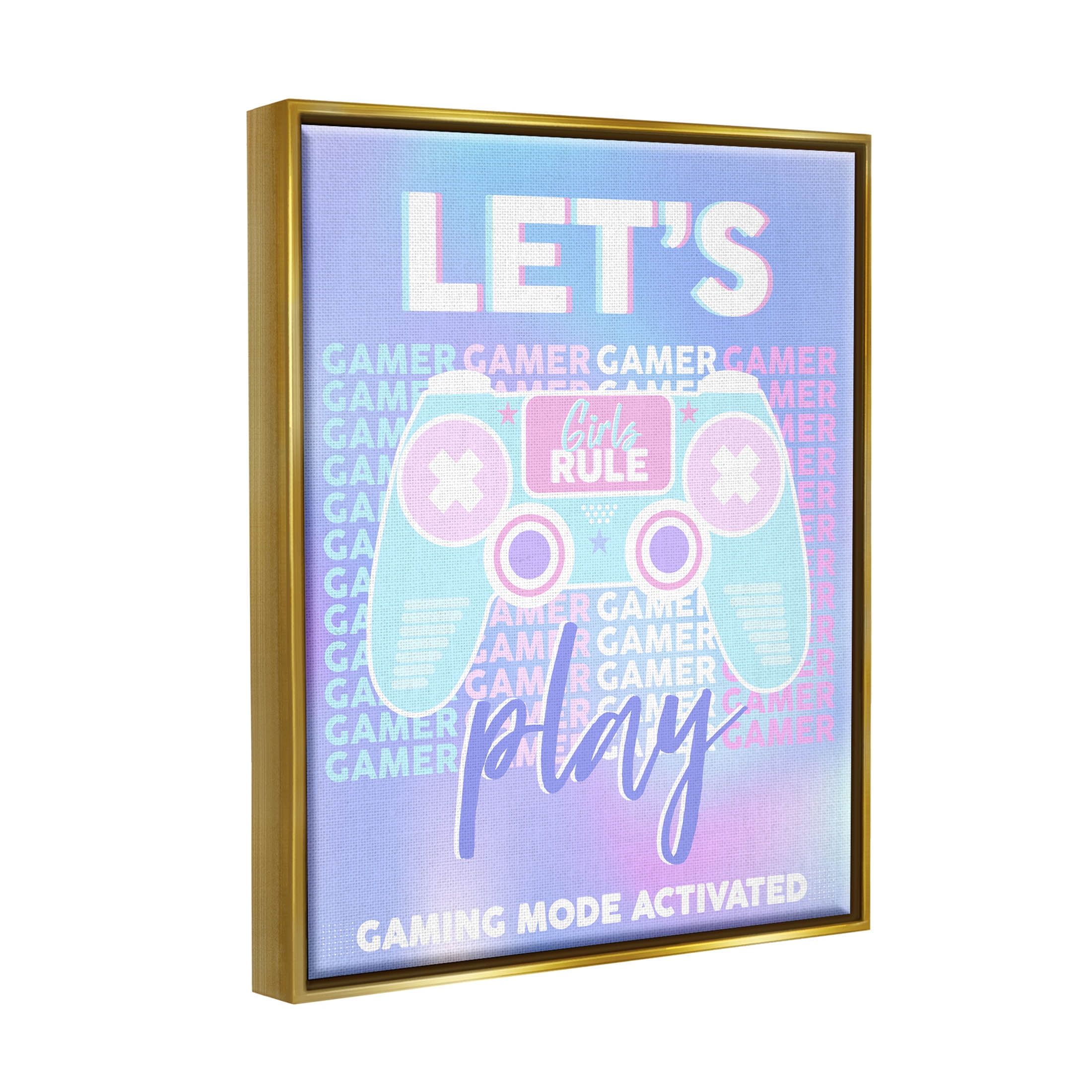 Let's Play Gaming Mode Activated Phrase Art for Kids Graphic Art Metallic Gold Framed Art Print Wall Art