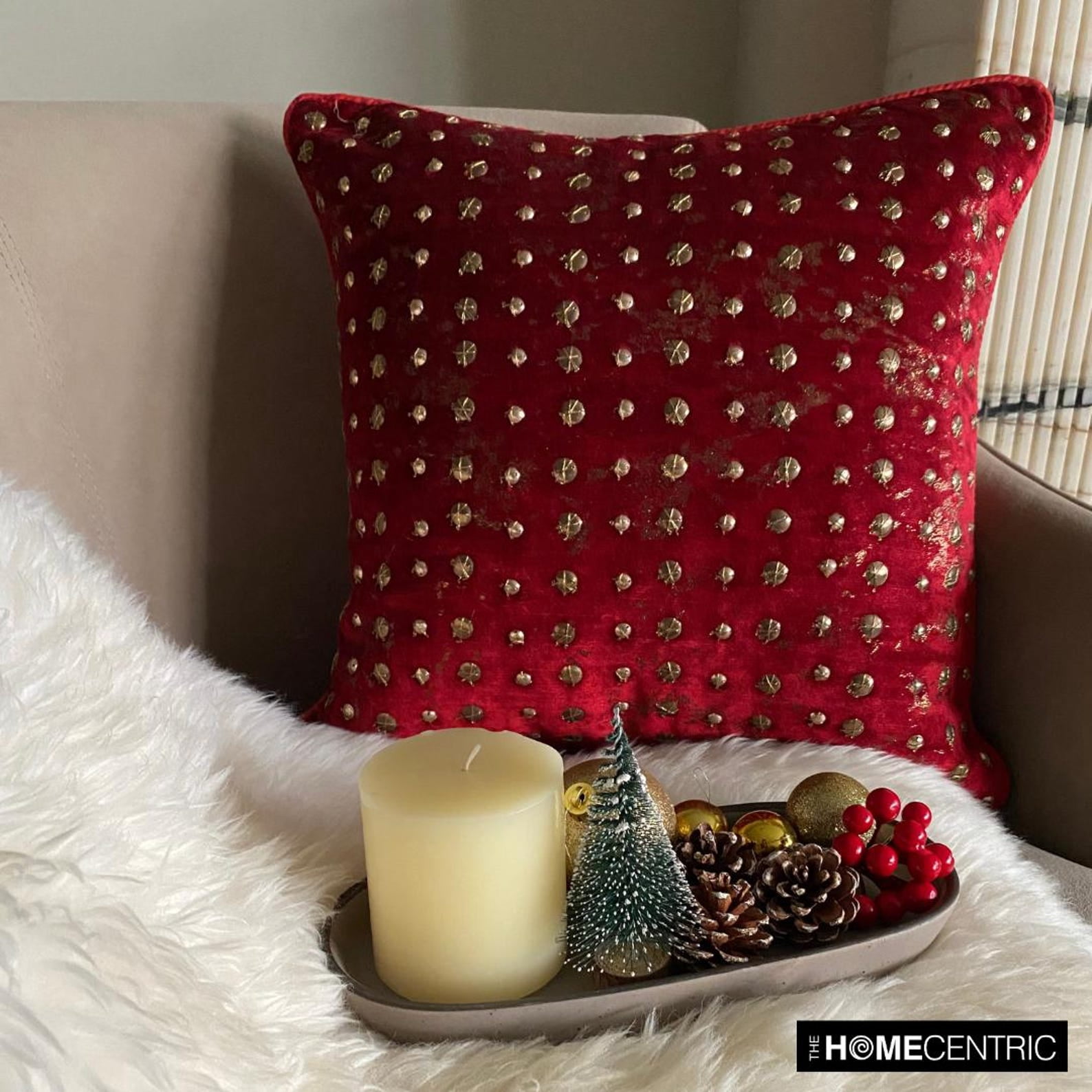 The HomeCentric Sofa Cushion Cover, Decorative Red Pack of 2, 16"x16" (40x40 cm) Pillow Covers, Velvet Beaded, Dotted & Gold Foil Throw Pillow Covers, Circles & Dots Modern Style - Wheeling Around Red