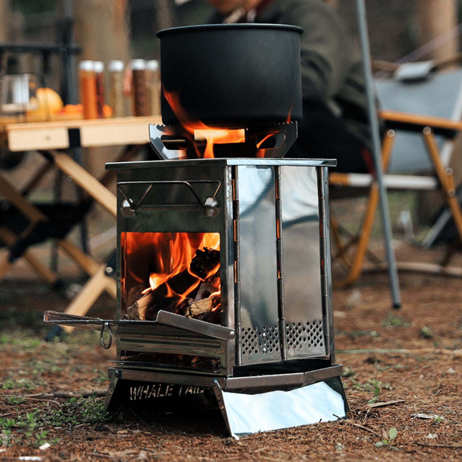 Nhthy Outdoor Portable Barbecue Stove, Stainless Steel Folding Camping Grill, Mini Charcoal Wood Burning Stove, Dual-Purpose Outdoor Heater and BBQ Silver