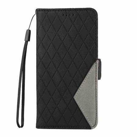 Dteck for Samsung Galaxy S10 Case with Wrist Strap, Shockproof Splicing Luxury PU Leather Flip Wallet Magnetic Kickstand Money Pouch Folio TPU Bumper Protective Cover, black