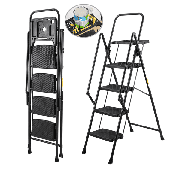 SDJPOI 4 Step Ladder with Handrails Folding Step Stool with Tool Tray, 330 lb Capacity Step Stool with Wide Anti-Slip Pedal, Portable Sturdy Steel Step Ladder for Home Kitchen Shop Office