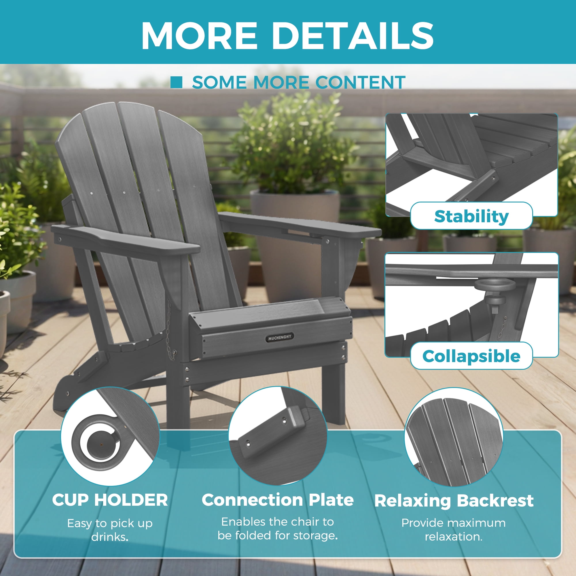 Folding Adirondack Chair Outdoor Fire Pit Chairs with Cup Holder Patio Poolside Garden Gray