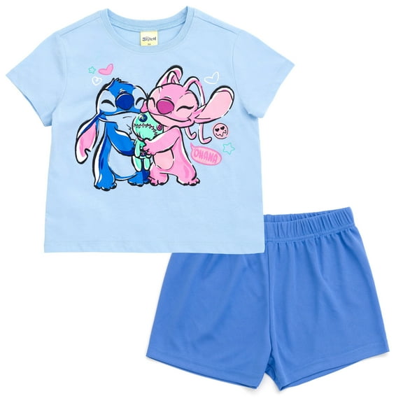 Disney Lilo & Stitch Little Girls' 2-Piece Tee and Shorts Set Sky Blue Stitch Angel