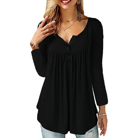 - JustVH Women's Solid Henley V-Neck Casual Blouse Pleated Button Tunic Shirt Top