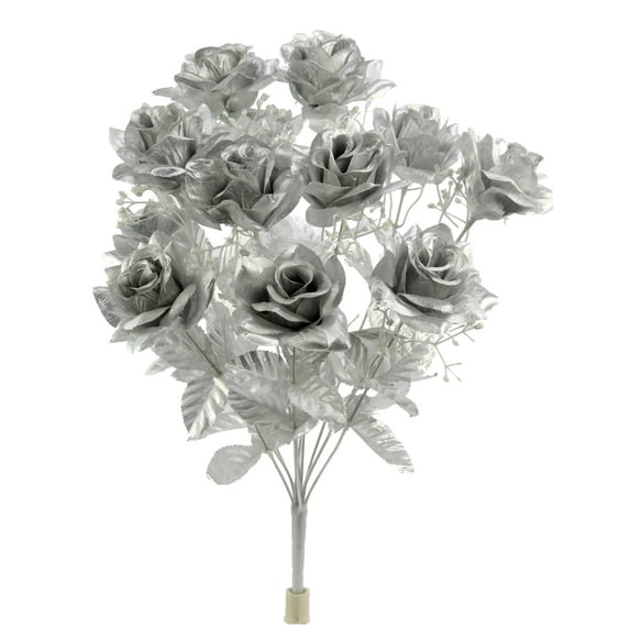 Admired By Nature 12 Stems Artificial Blooming Veined Satin Rose Flowers Bush, Silver