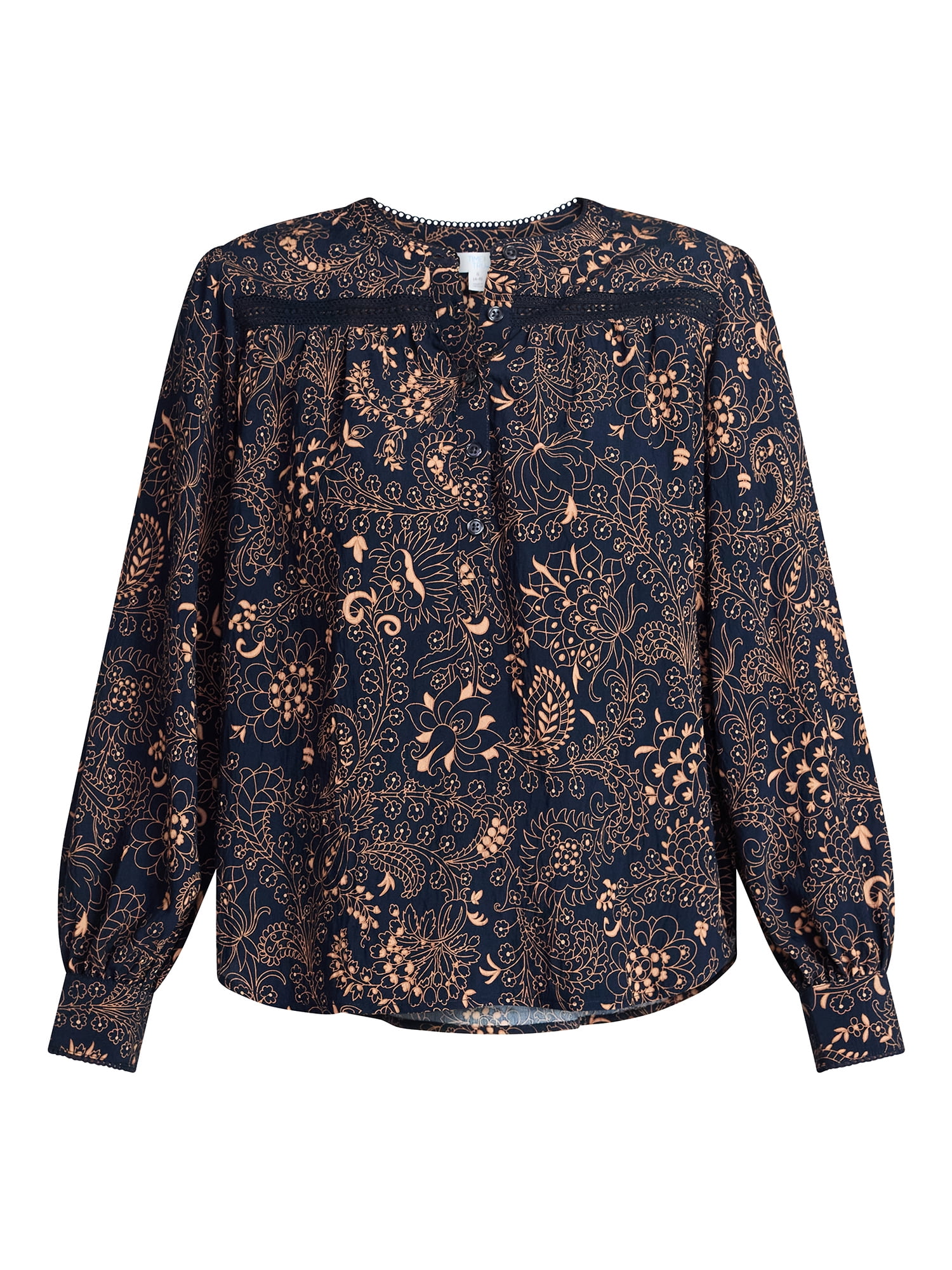 Time and Tru Women's Lace Yoke Shirt with Long Sleeves Sizes XS-XXXL