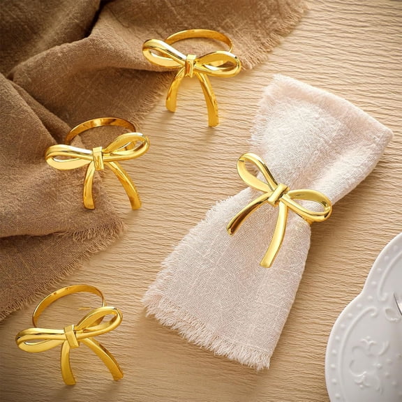 Gold Bow Napkin Rings Set of 4, Shiny Metal Bow Knot Napkin Ring Holders Bow Tie Napkin Rings for New Year Valentine's Day Xams Wedding