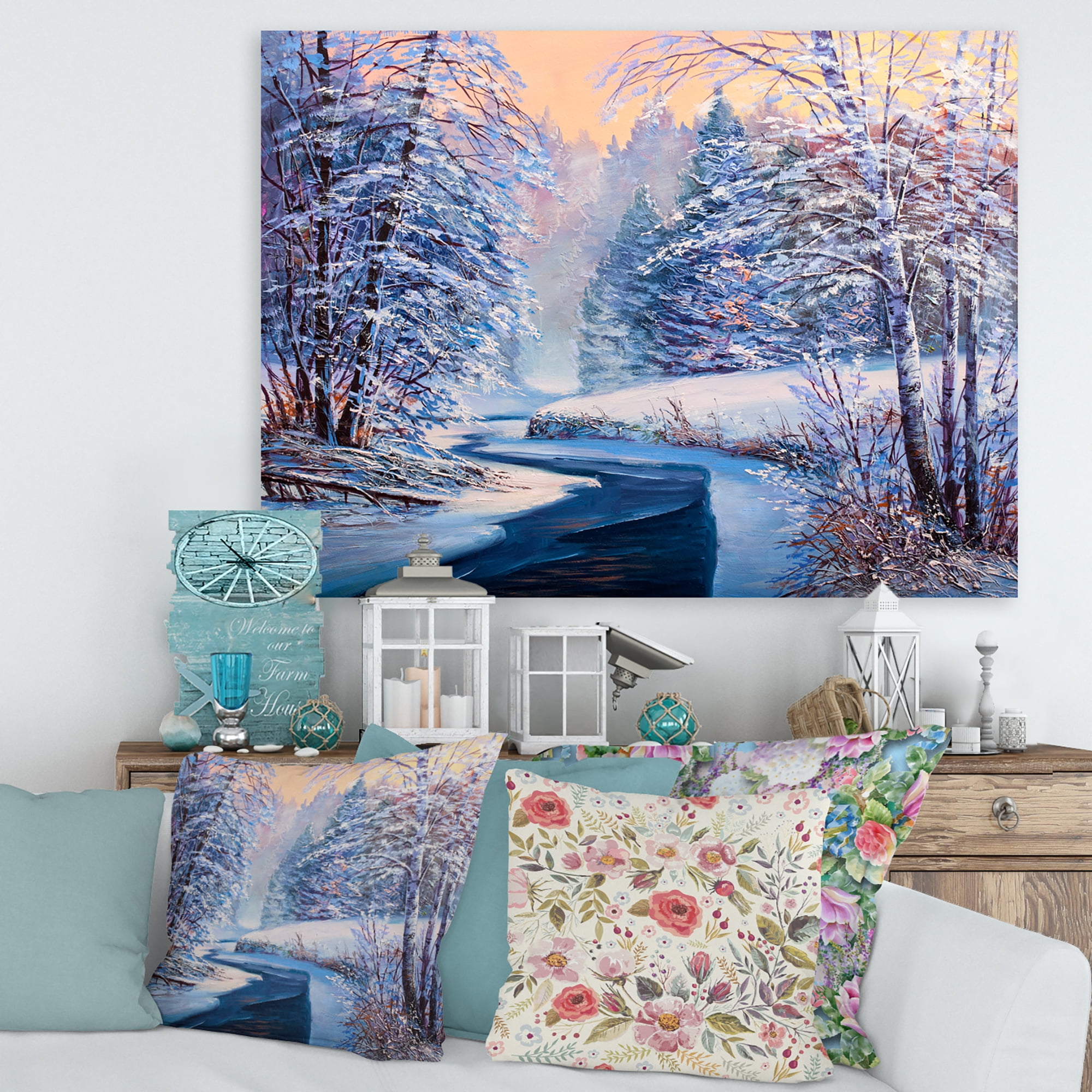 Designart ' Pastel Winter Forest With River ' Lake House Canvas Wall Art Print